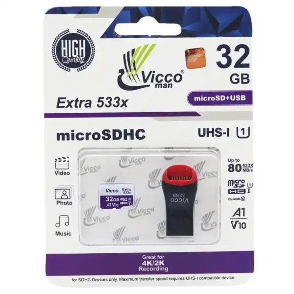 Vicco Man Extra 32GB 533X U1 C10 80MBs MicroSDHC Memory Card With Ram Reader 2 1 11zon 1 11zon