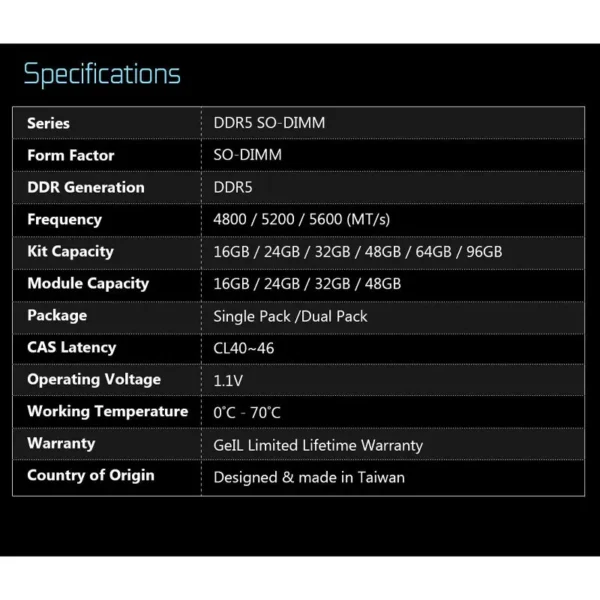 رم لپ تاپ Geil DDR5 32GB 4800MHz CL40