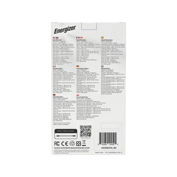 Energizer Power Bank Model UE30063PQ Capacity 30000 mAh